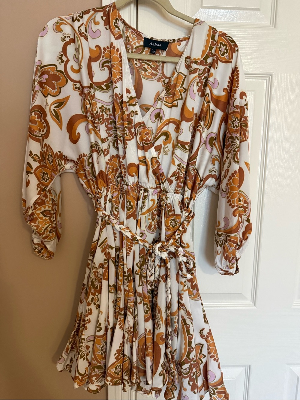 Aakaa dress in White, Mustard and Pink Paisley- Tie-Waist Mini flowy - boho EUC